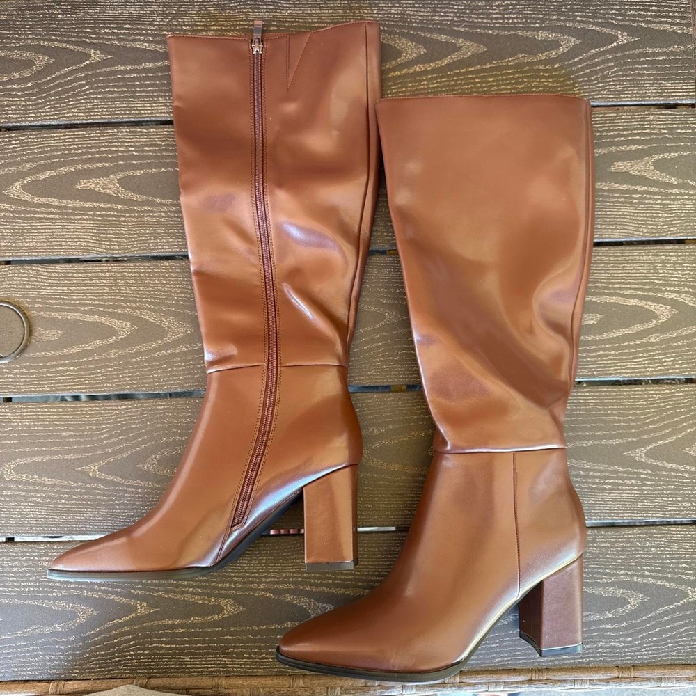 Women's Brown Faux Leather Knee High Boots with Block Heel and Side Zip